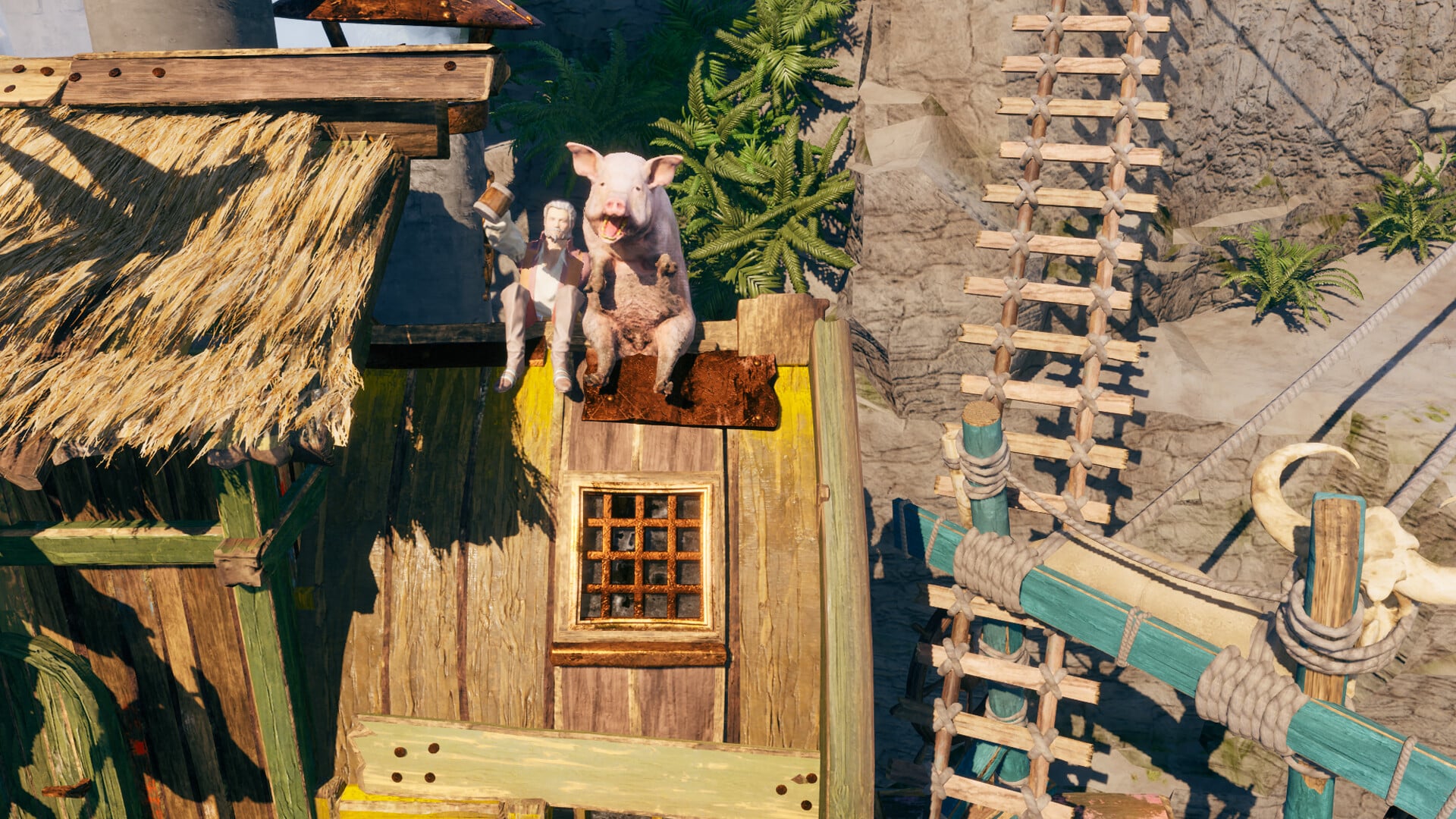 Players on the roof of a tent in Corsair Cove