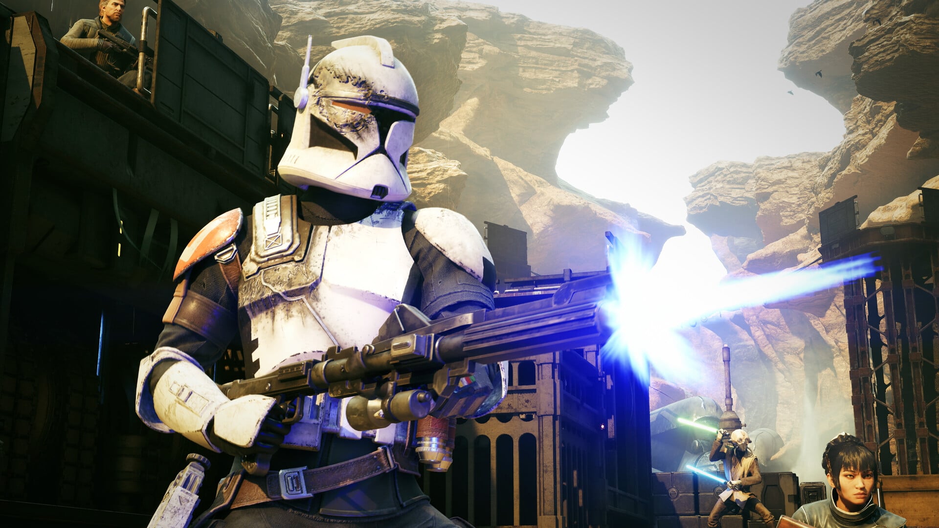 A soldier firing a blaster in Star Wars Zero Company