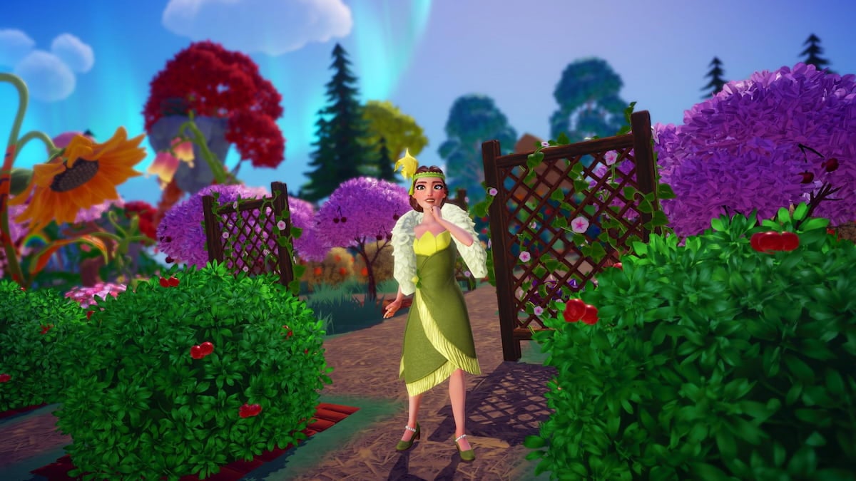 Player standing by fruit bushes and trees in disney dreamlight valley