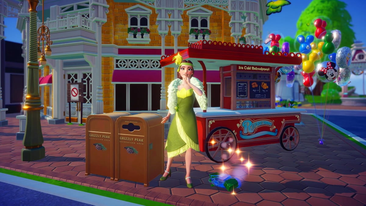 Standing by plastic scrap and trash can in parks floating festival in disney dreamlight valley