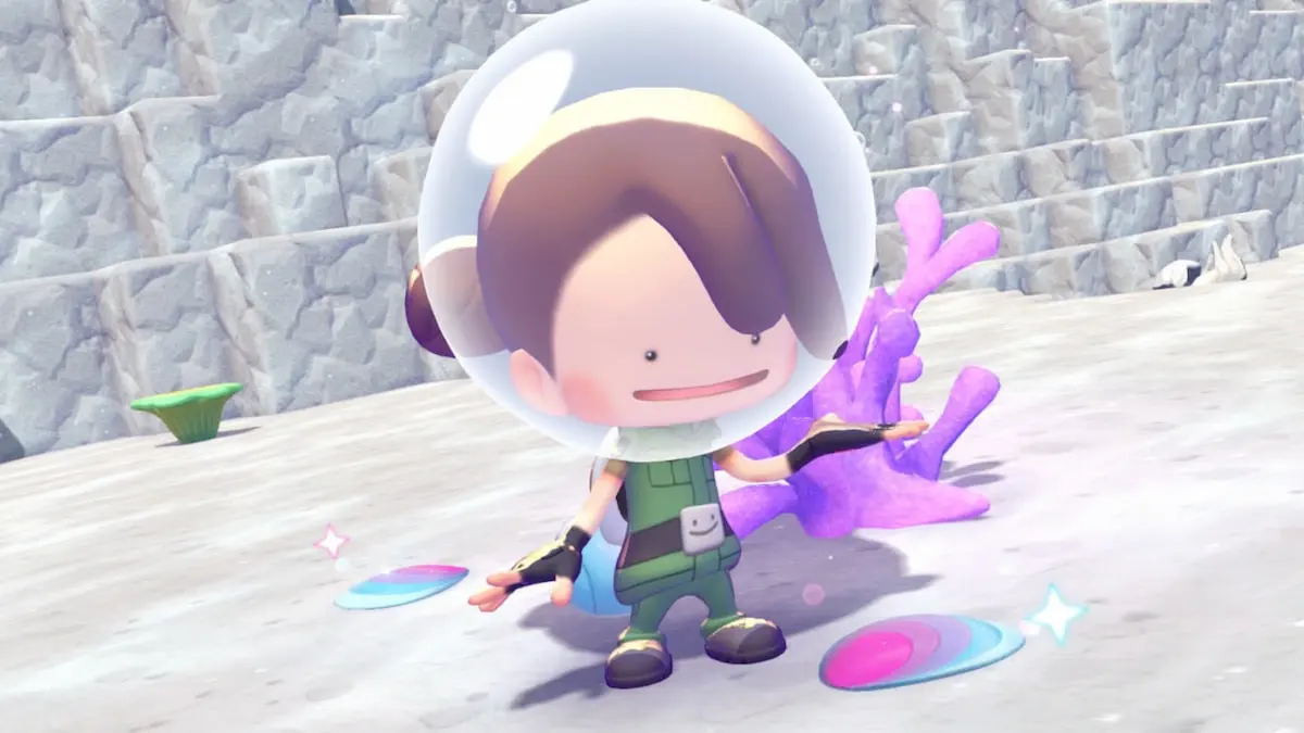 Ditto standing by Prism Scales on sand in Pokopia