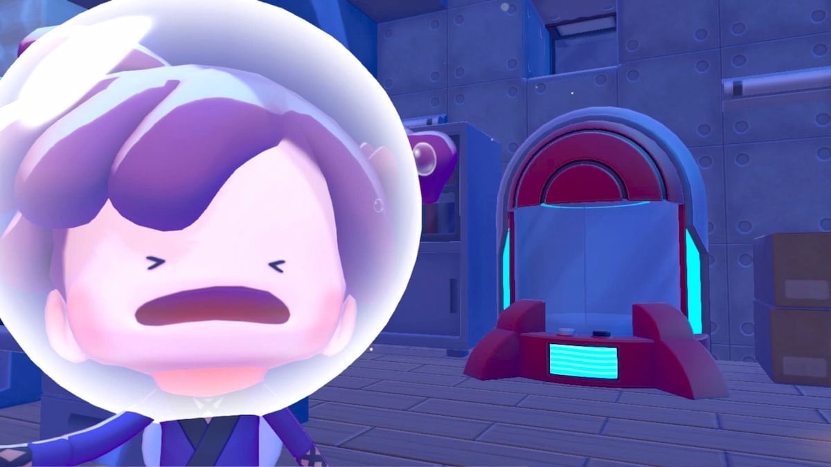 Ditto taking picture with a portal pod in pokopia