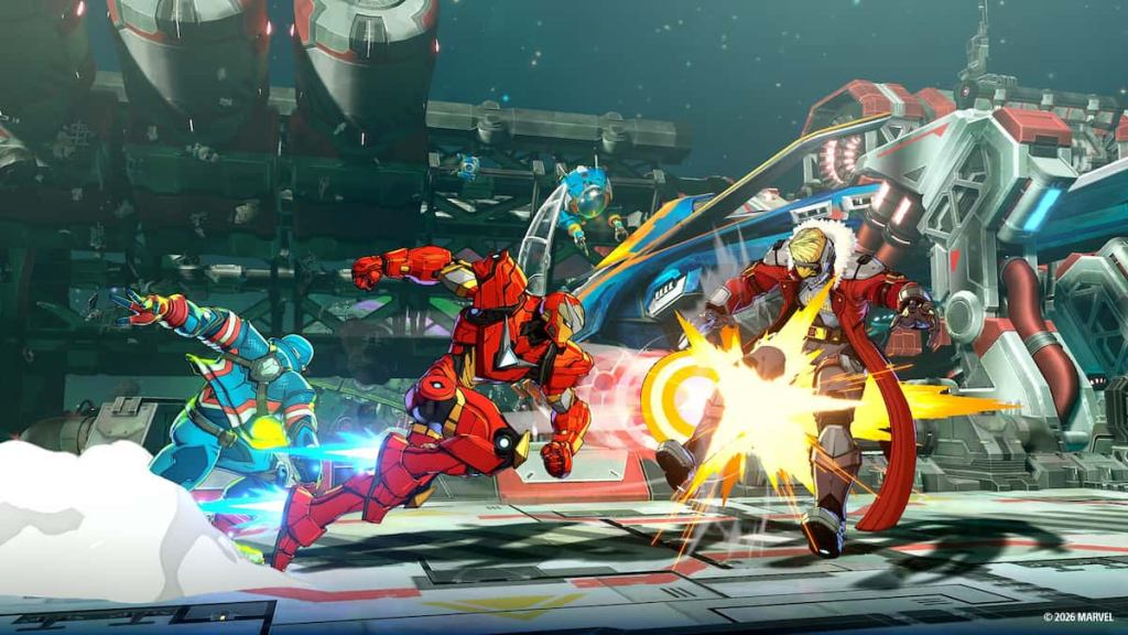 An ongoing fight between several heroes in Marvel Tokon Fighting Souls