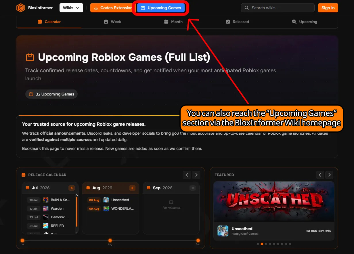 upcoming roblox games release section on bloxinformer