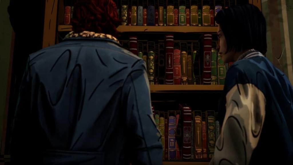 Bigby and Faye solving a bookshelf puzzle in The Wolf Among Us 2.