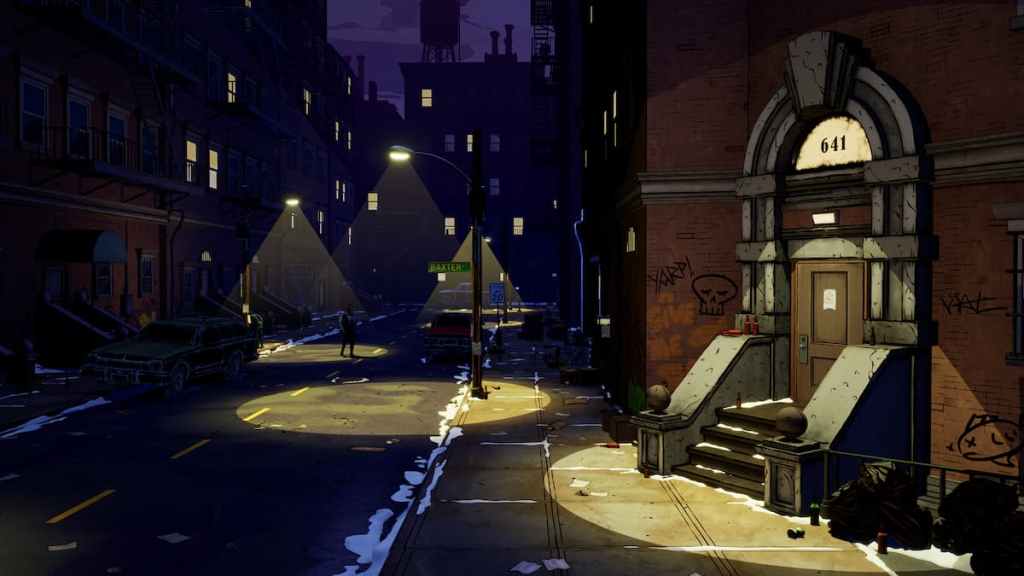 Bigby Wolf walking down a New York street at night in The Wolf Among Us 2.