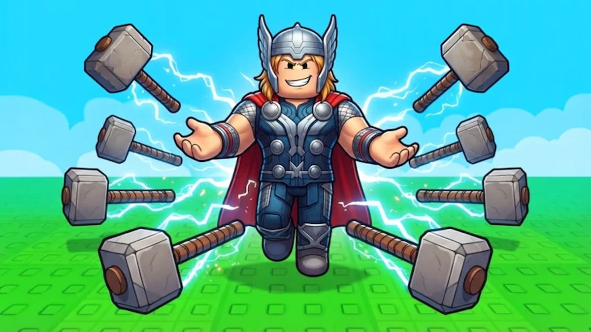 +1 Superhero Evolution featured image showing a Thor-inspired Roblox character surrounded by flying hammers and lightning on a bright grassy field.