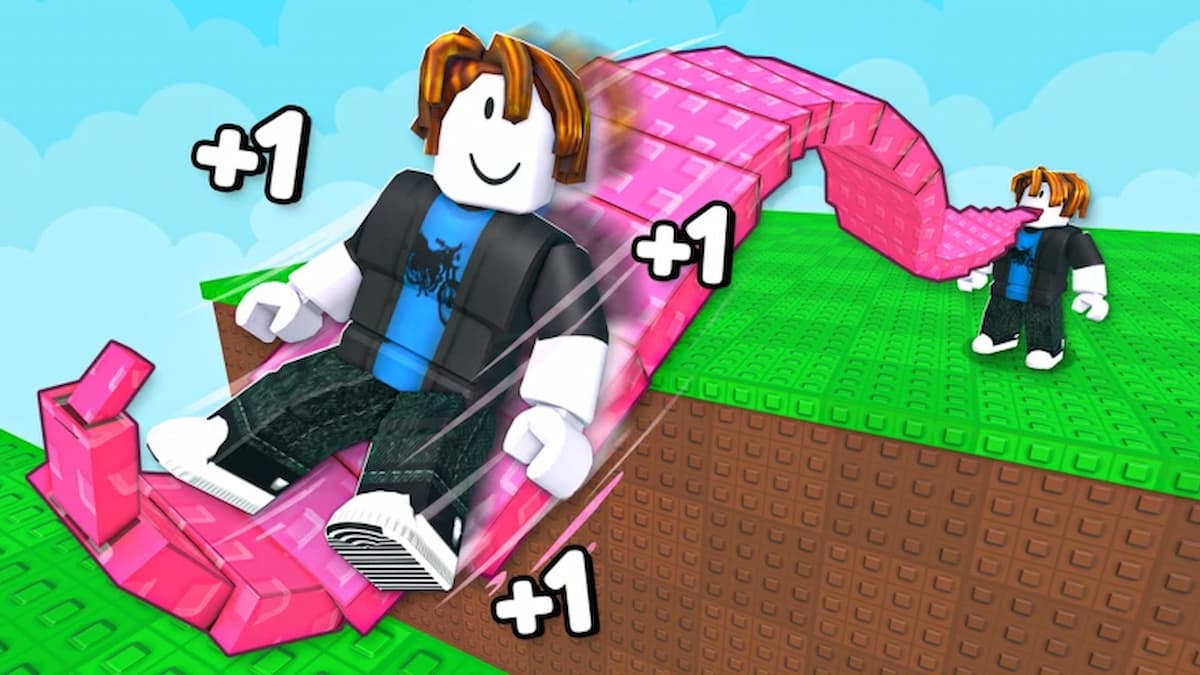 +1 Tongue Escape featured artwork showing a Roblox character sliding along a giant pink tongue while another character watches from a grassy platform.