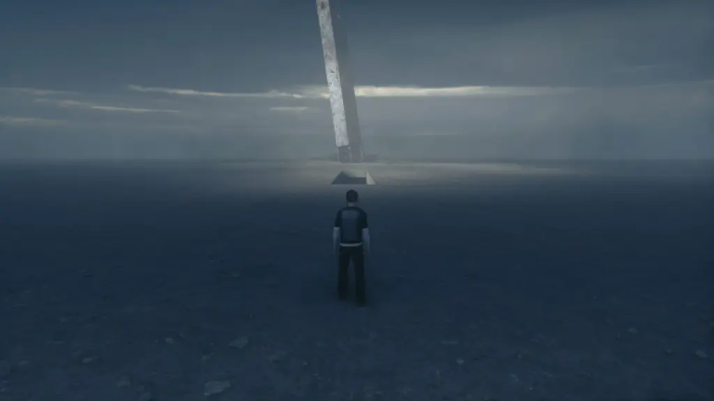CONTROL Resonant's Dylan Faden in the Gap, a desolate, grey field with a colossal metal blade piercing the middle of the plains.