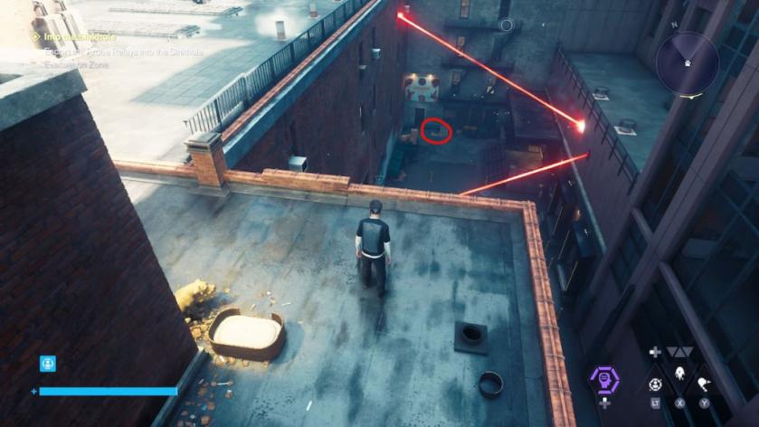 Dylan stands by a dog in Central in CONTROL Resonant. A dog toy is highlighted below some lasers.