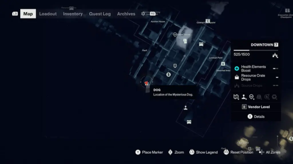 The map location for the dog in Downtown in CONTROL Resonant.