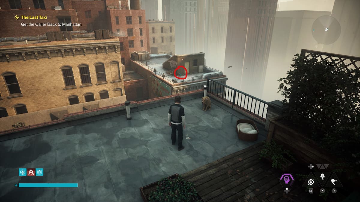 Dylan stands in front of a dog in CONTROL Resonant. A teal dog toy is highlighted on the building across from it.