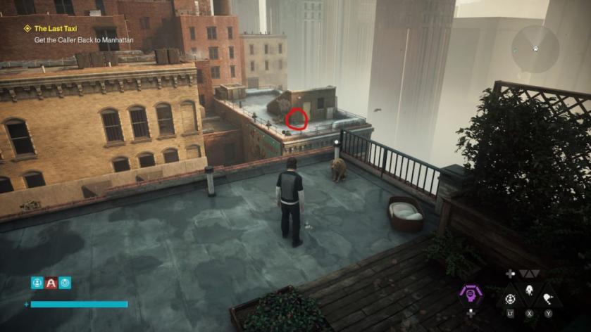 Dylan stands in front of a dog in CONTROL Resonant. A teal dog toy is highlighted on the building across from it.