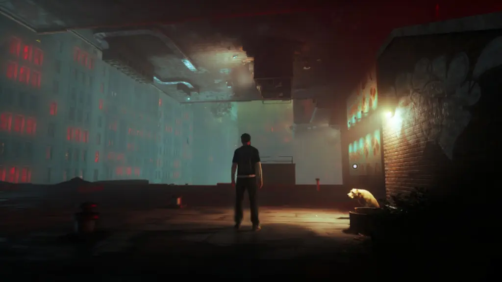 Dylan stands in front of a dog in a dark area in CONTROL Resonant.