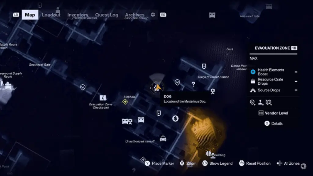 The map location for the dog in CONTROL Resonant's Evacuation Zone.