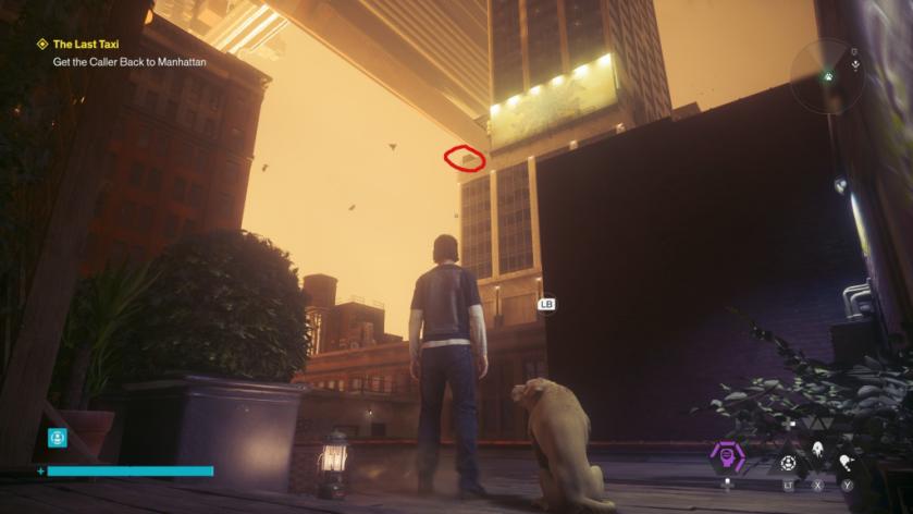 Dylan and a dog stand in the foreground of an image. There's a highlight in the far end, vastly above the two, which marks another toy.