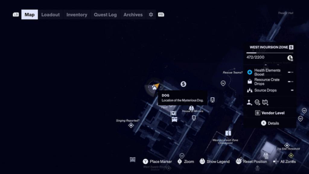 The map location for the dog in CONTROL Resonant's West Incursion Zone.