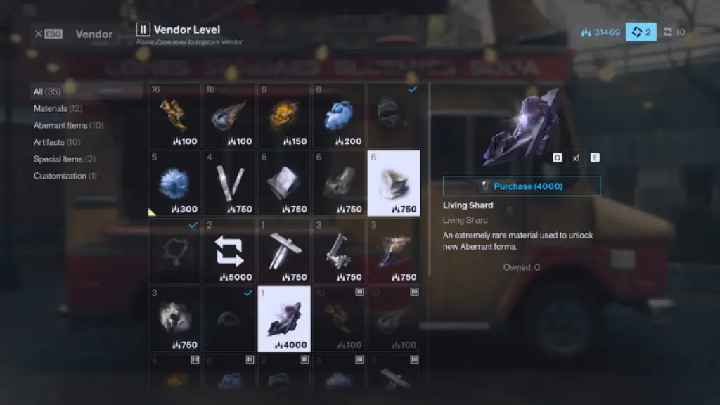 The Central vendor selling a Living Shard for 4000 Source in CONTROL Resonant.