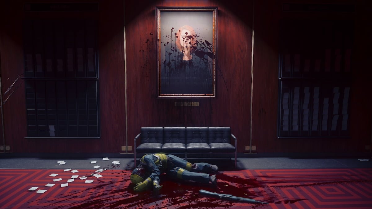A bloodied portrait of Jesse Faden inside the Oldest House in CONTROL Resonant. A dead, bloodied soldier lies below it.