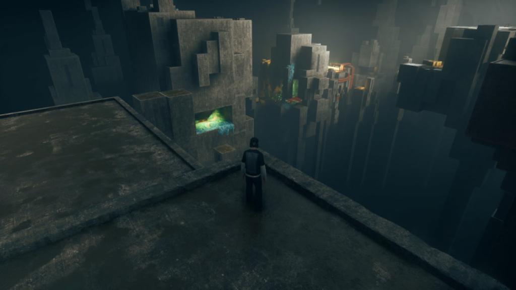 Dylan stands in front of the orange pipe island in the Underpass in CONTROL Resonant.