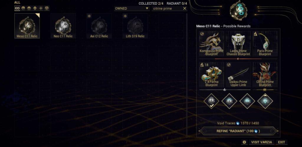 The Relic menu showing all four of Citrine Prime's Relics.
