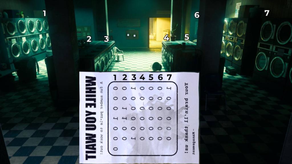 A graphic showing the inverted, rotated hint from the laundry room puzzle juxtaposed with the actual laundry room layout in CONTROL Resonant.