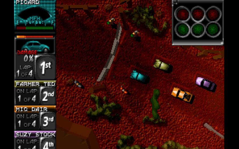A pixelated race grid in Death Rally Classic.