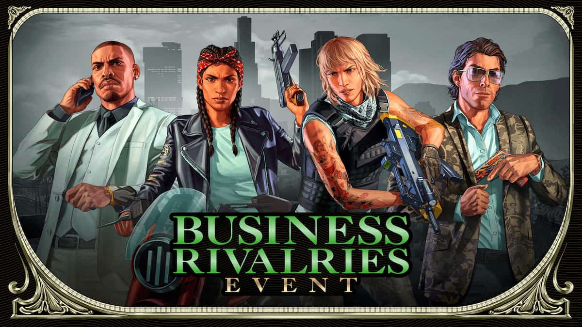 Promo art for the Business Rivalries event, showing four people representing four different business type: special cargo, bikers, bunker, and nightclub.