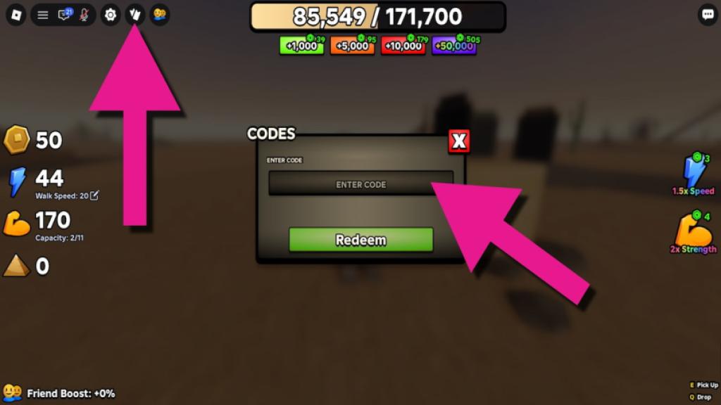 Build the Pyramid codes redemption pop-up window with pink arrows pointing towards the codes button and text box
