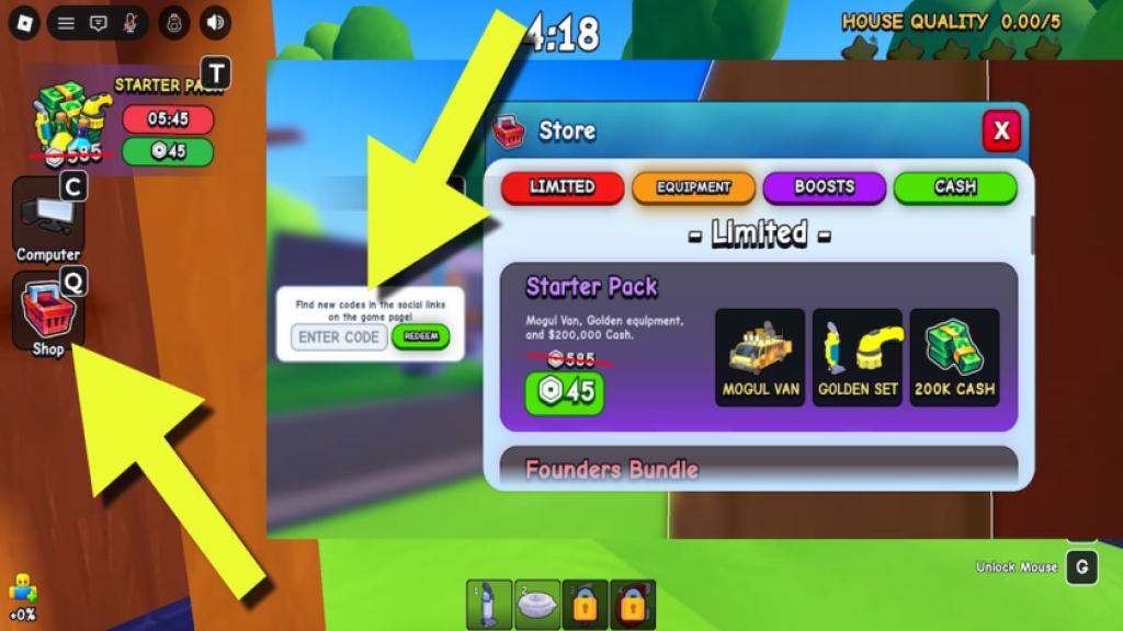 Flip a House shop pop-up window with the code redemption feature located on the left with arrows showing where to click