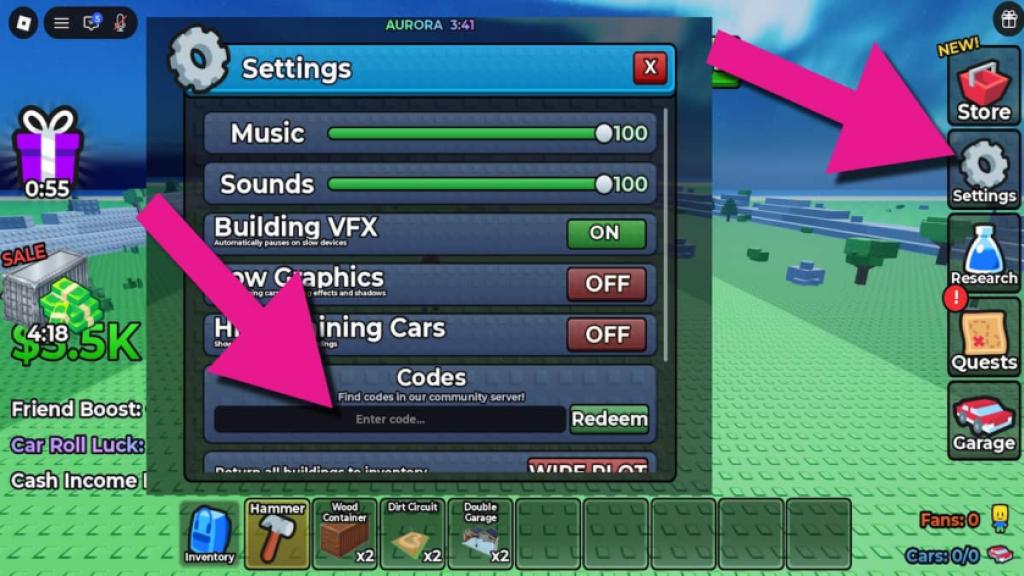 Mini Race codes section inside the Settings menu