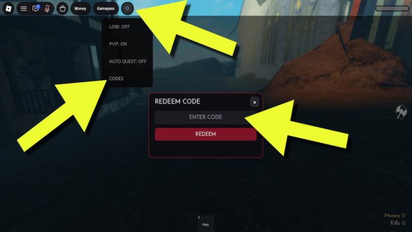 Vampire life drop-down settings menu and Code redemption pop-up window with yellow arrows showing which steps to take to redeem codes
