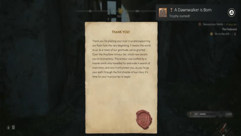 Pre-Order rewards letter in The Blood of Dawnwalker