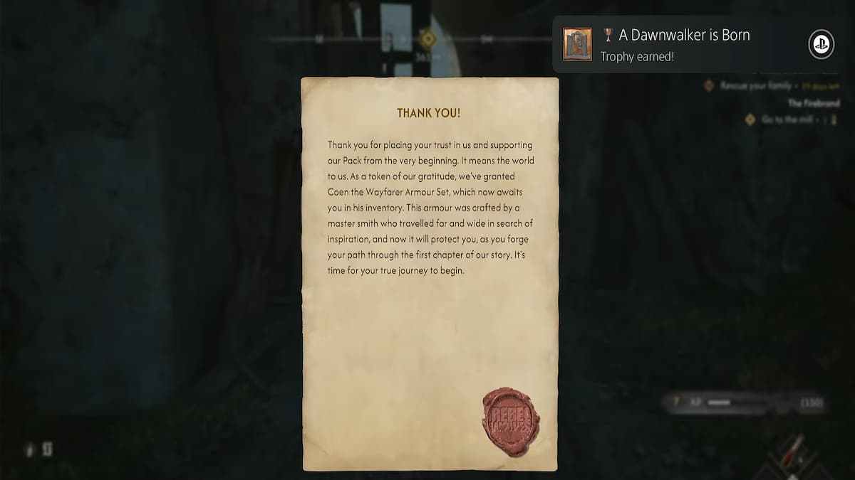 Pre-Order rewards letter in The Blood of Dawnwalker