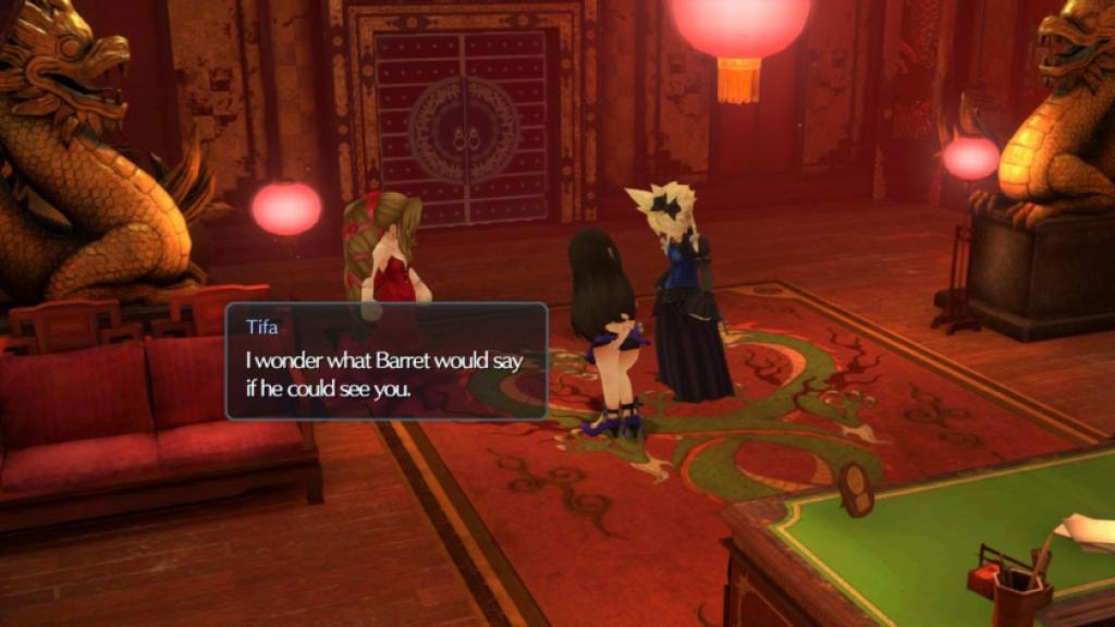 Final Fantasy VII Ever Crisis cross dressing cloud scene.
