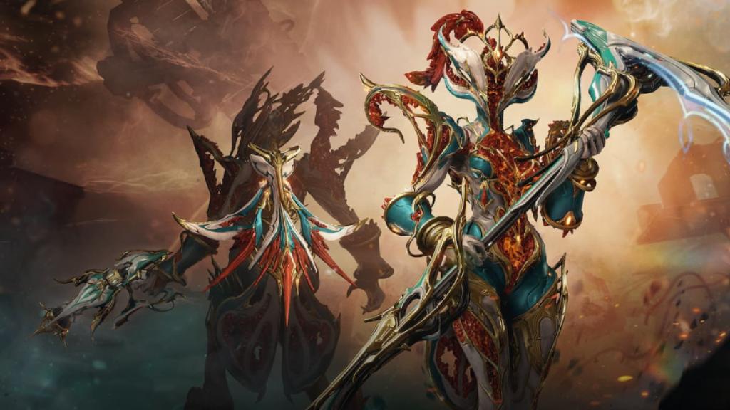 Citrine Prime in Warframe holds her signature Corufell scythe and shows off a Syandana.