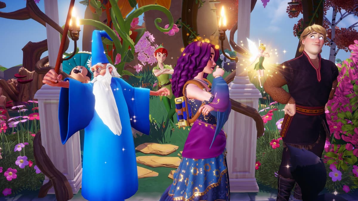 Wearing Astronomer's Apprentice Backpack while standing by villagers in Disney Dreamlight Valley