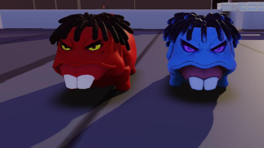 Bizarre game screenshot showing two colorful Stand creatures, one red and one blue, standing side by side with angry expressions.