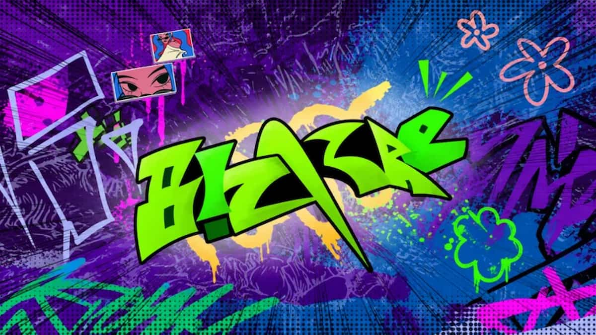 Bizarre game artwork showing the official green graffiti-style logo against a colorful purple and blue street-art background.