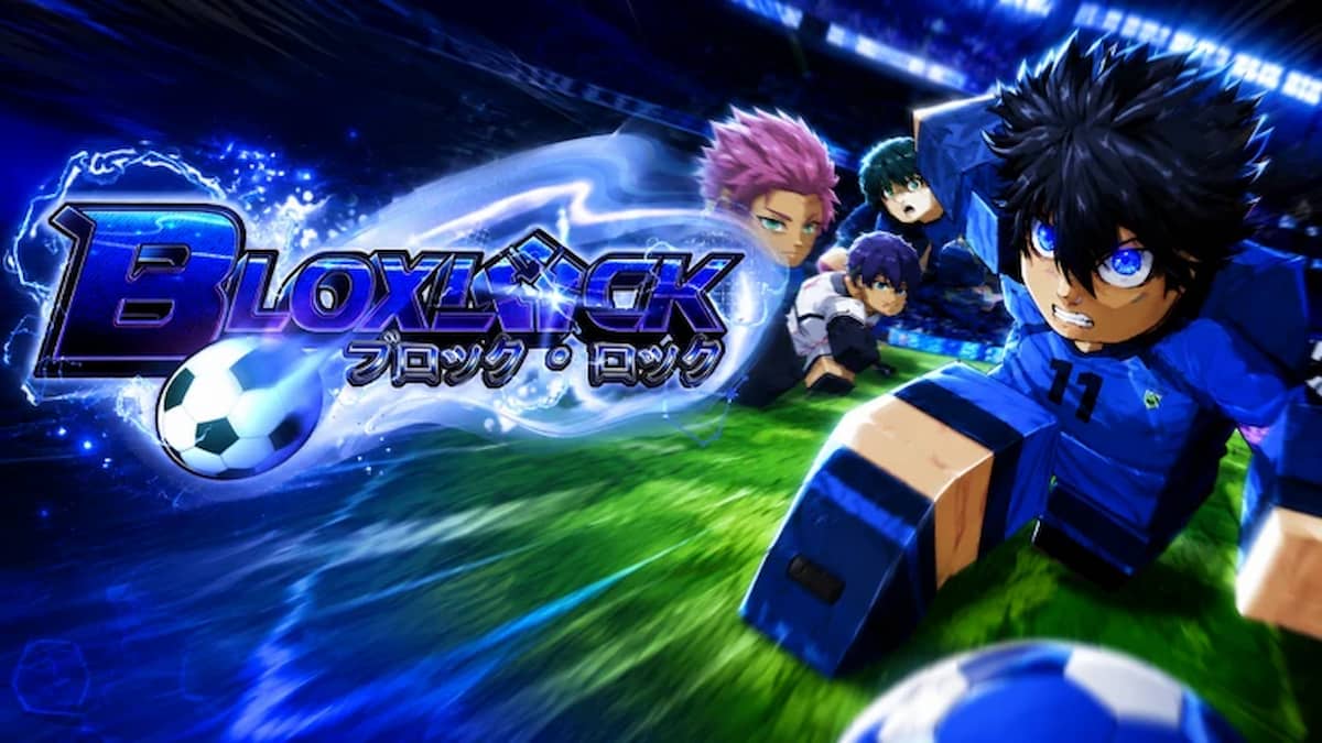 BloxLock game artwork showing anime-inspired soccer players racing across the field, with the BloxLock logo and a soccer ball on the left.