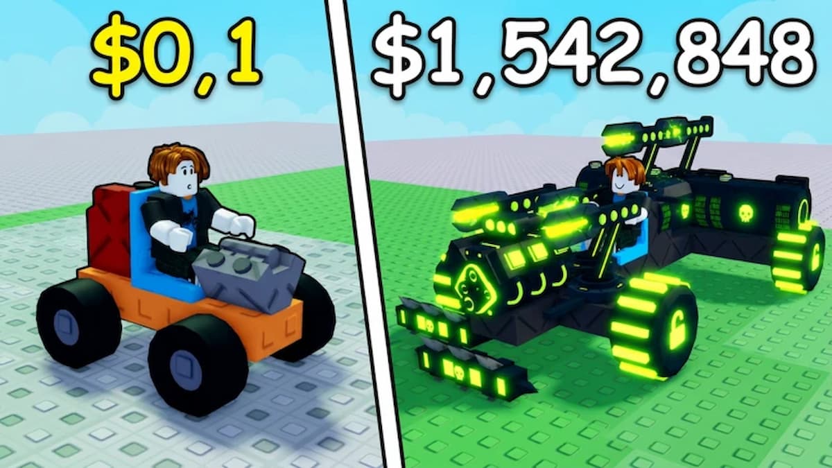 Build and Kill Zombies featured image showing a basic vehicle compared with a heavily upgraded neon combat vehicle.