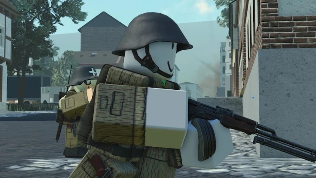 Cold War featured artwork showing two Roblox soldiers in military gear carrying rifles through an urban combat area.