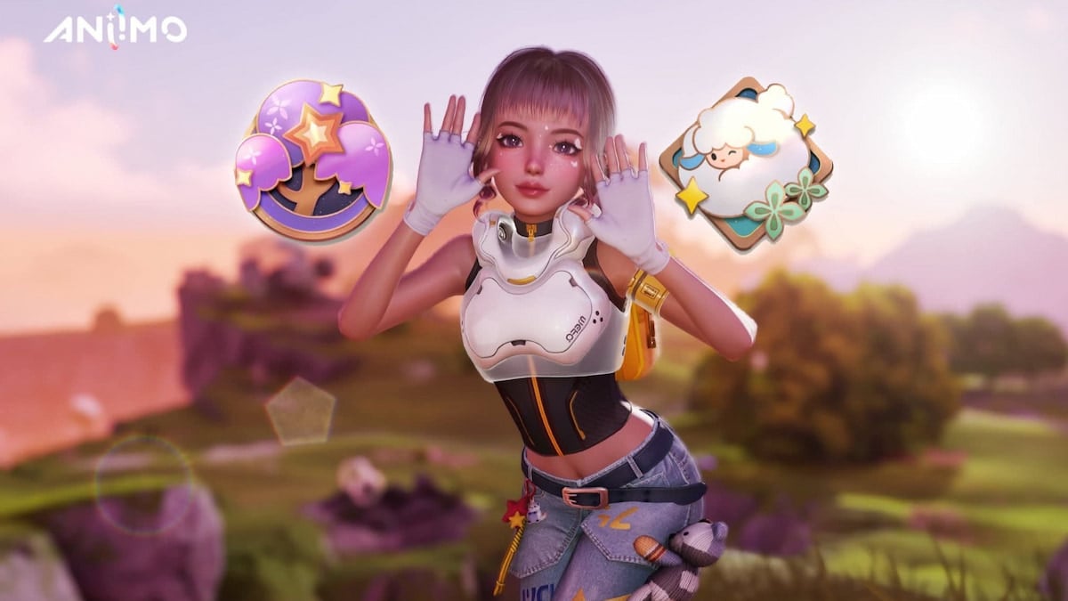 Player posing by two collection badges in aniimo