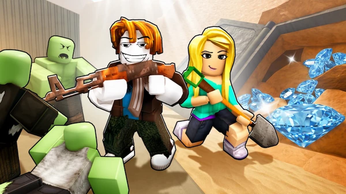 Dig and Survive featured image showing two Roblox characters mining blue diamonds while fighting off green zombies underground.