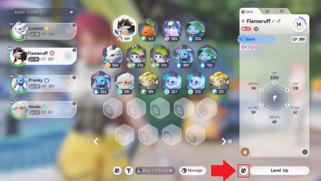 Evolve button marked in Aniimo