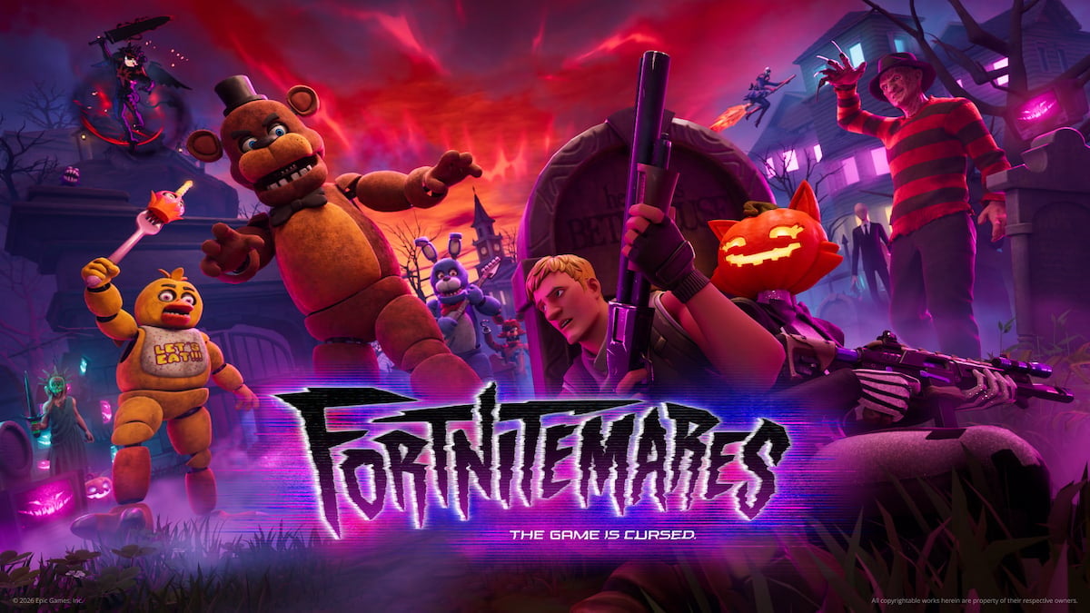 Fortnitemares 2026 event art featuring lots of collab chaarcters like five nights at freddy, slenderman, freddy krueger, and more in fortnite