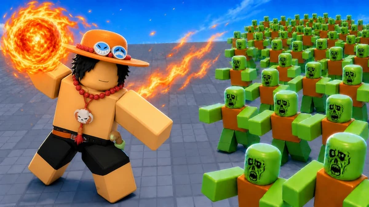 Fruit Zombie Survival featured image showing an anime-inspired Roblox character wielding a flaming fireball while facing a large horde of green zombies.