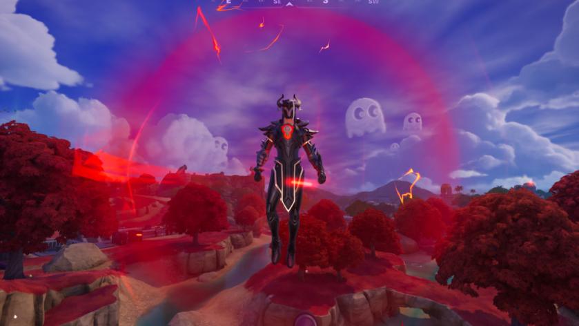 Geno flying in air in red bubble in fortnite