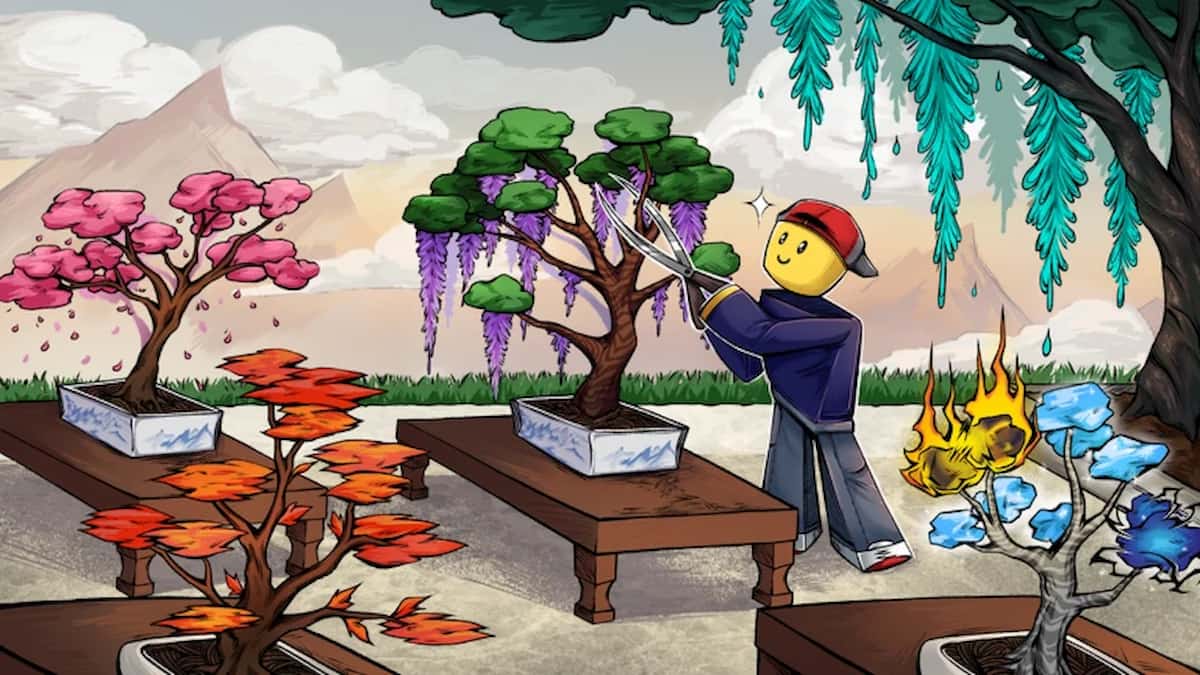 Grow a Bonsai featured image showing a Roblox character trimming a bonsai tree surrounded by colorful miniature trees in a peaceful garden.