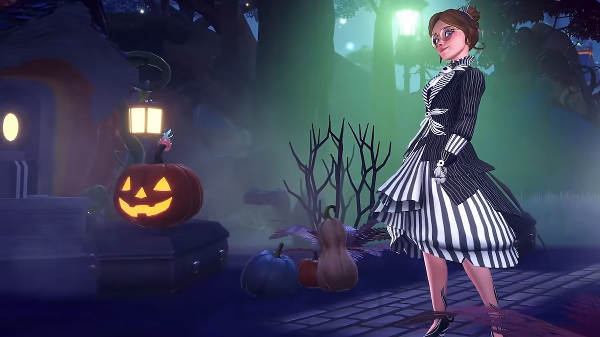 Player standing in spooky forest wearing haunting elegance star path dress in disney dreamlight valley